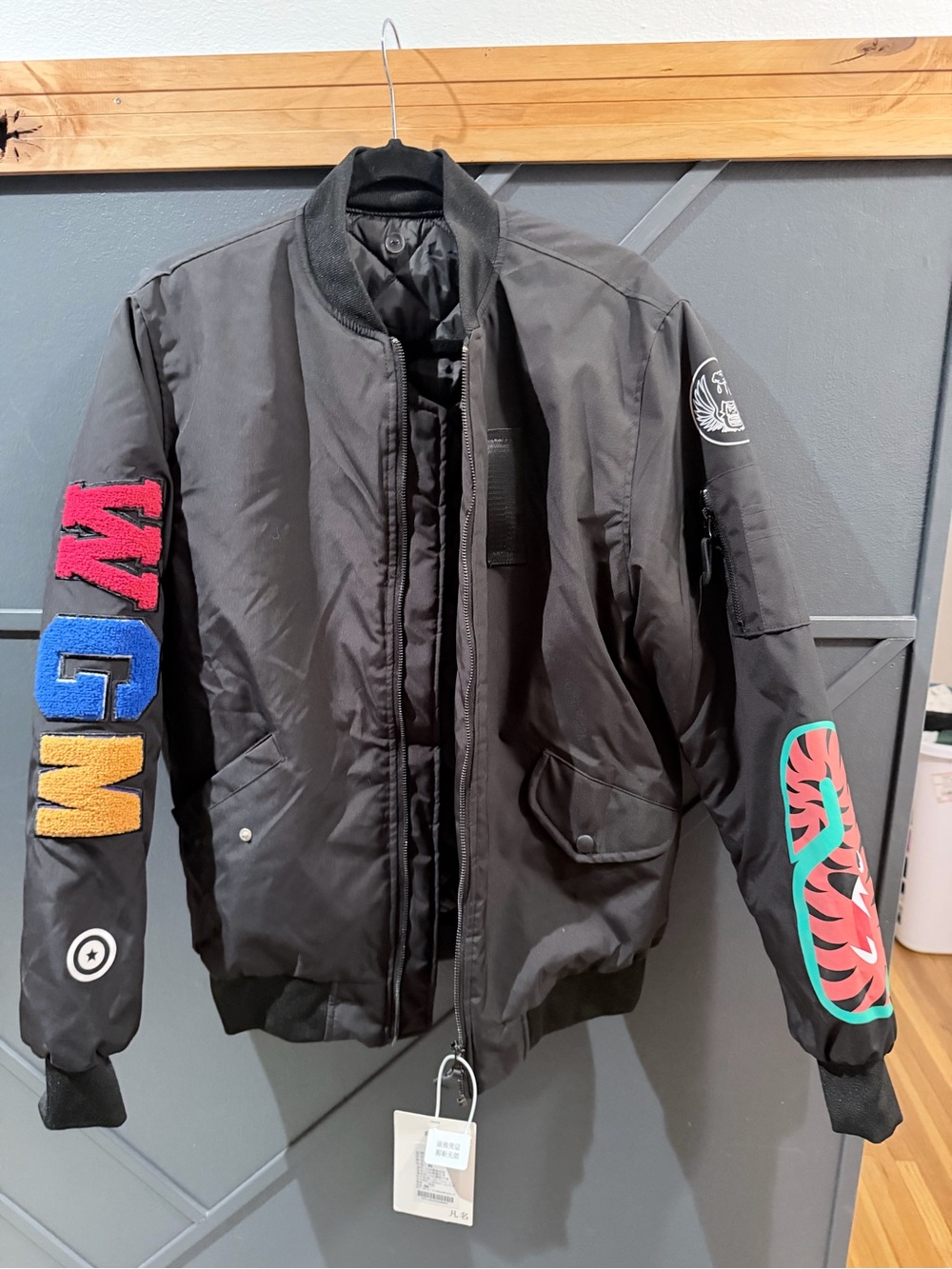 Bape like Men's Black Bomber Jacket with Colorful Sleeve Patches
